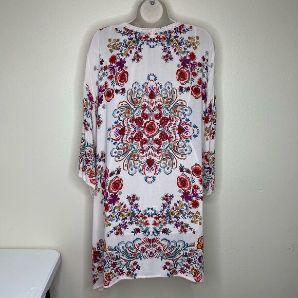 Bila Floral Open Front Cardigan Kimono Cream Boho Crinkle Rayon Women Size M/L - Picture 6 of 12